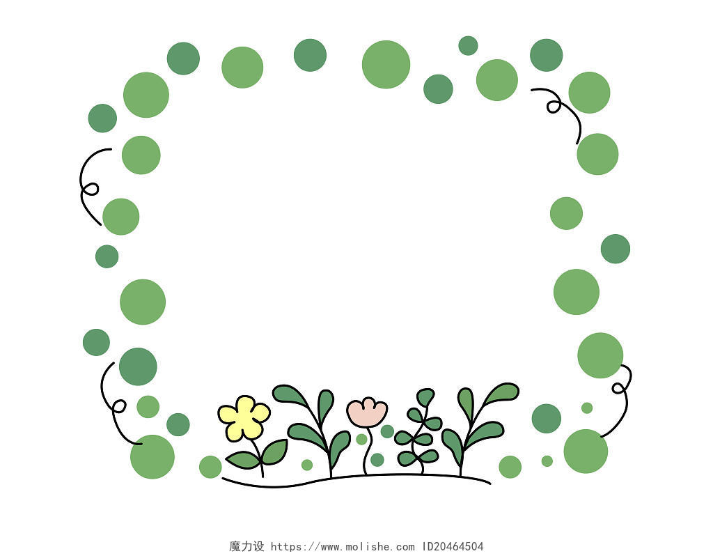 绿色圆圈手帐边框卡通小花树叶边框PNG素材